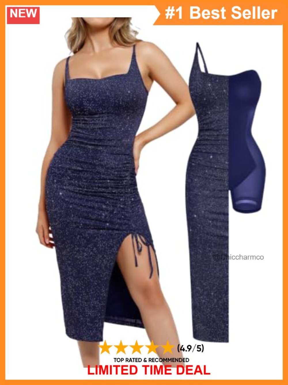 Popilush Sparkly Cocktail Shapewear Midi Dress Built-in Bra Ruched Slit Women